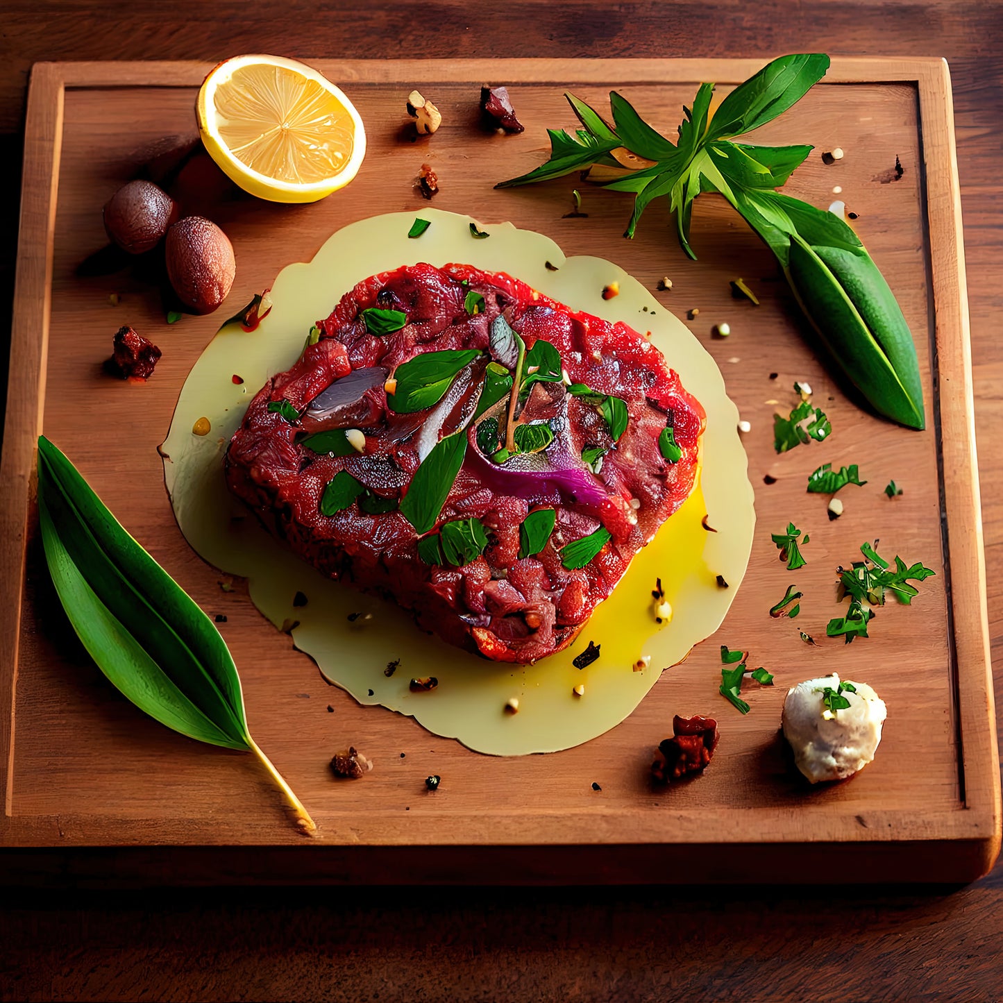 Rundertartaar uit de grillpan met witlof, ui en gebakken champignons